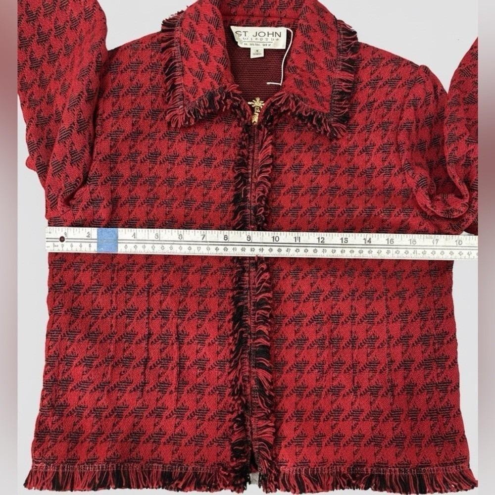 St John Collection Red Black Houndstooth Zip Jacket Blazer Old Money Elegant 4 - Picture 6 of 9